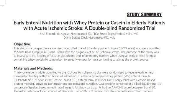 Early Enteral Nutrition with Whey Protein or Casein in Elderly Patients with Acute Ischemic Stroke, A Double-blind Randomized Trial (Study Summary)