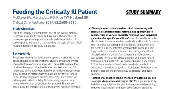 Feeding the Critically Ill Patient (Study Summary) Feeding the Critically Ill Patient (Study Summary)