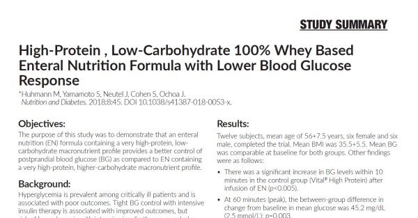 High-Protein, Low-Carbohydrate 100% Whey Based Enteral Nutrition Formula with Lower Blood Glucose Response (Study Summary)