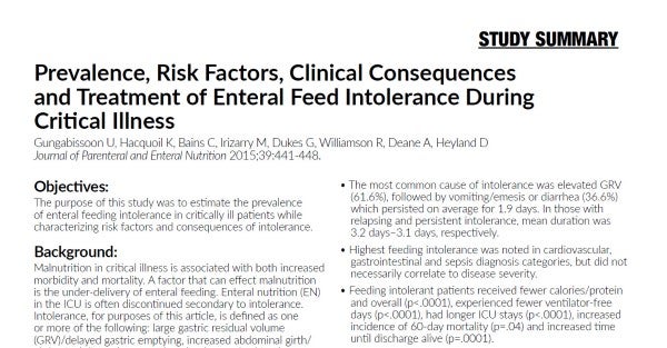 Prevalence, Risk Factors, Clinical Consequences and Treatment of Enteral Feed Intolerance During Critical Illness (Study Summary)