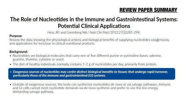 The Role of Nucleotides in the Immune and Gastrointestinal Systems Potential Clinical Applications (Study Summary)