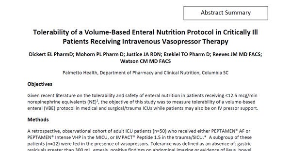 Tolerability of a Volume‐Based Enteral Nutrition Protocol in Critically Ill Patients Receiving Intravenous Vasopressor Therapy (Abstract Study)