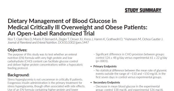 Dietary Management of Blood Glucose in Medical Critically Ill Overweight and Obese Patients, An Open-Label Randomized Trial (Study Summary) Dietary Management of Blood Glucose in Medical Critically Ill Overweight and Obese Patients, An Open-Label ..