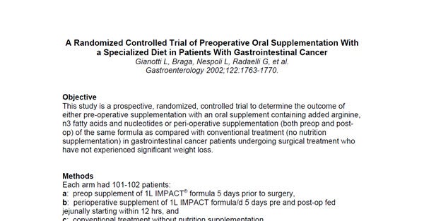 A Randomized Controlled Trial of Preoperative Oral Supplementation With a Specialized Diet in Patients With Gastrointestinal Cancer