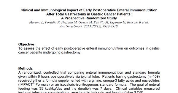 Clinical and Immunological Impact of Early Postoperative Enteral Immunonutrition After Total Gastrectomy in Gastric Cancer Patients