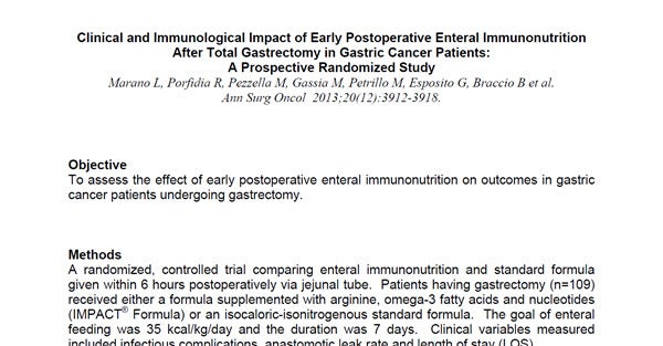 Clinical and Immunological Impact of Early Postoperative Enteral Immunonutrition After Total Gastrectomy in Gastric Cancer Patients Clinical and Immunological Impact of Early Postoperative Enteral Immunonutrition After Total Gastrectomy in Gastric Cancer Patients