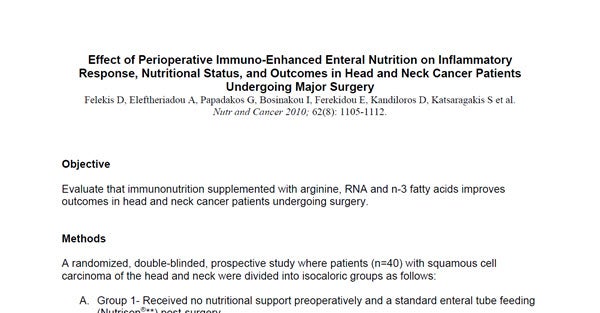 Effect of Perioperative Immuno-Enhanced Enteral Nutrition on Inflammatory Response, Nutritional Status, and Outcomes in Head and Neck Cancer Patients Undergoing...