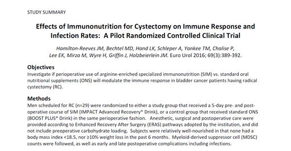 Effects of Immunonutrition for Cystectomy on Immune Response and Infection Rates
