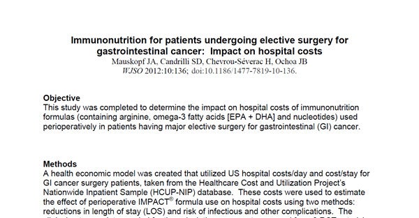 Immunonutrition for patients undergoing elective surgery for gastrointestinal cancer, Impact on Hospital Costs