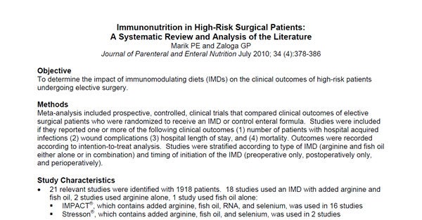 Immunonutrition in High-Risk Surgical Patients, A Systematic Review and Analysis of the Literature
