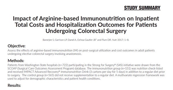 Impact of Arginine-based Immunonutrition on Inpatient Total Costs and Hospitalization Outcomes for Patients Undergoing Colorectal Surgery Impact of Arginine-based Immunonutrition on Inpatient Total Costs and Hospitalization Outcomes for Patients Undergoing Colorectal Surgery