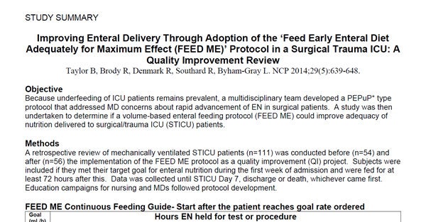 Improving Enteral Delivery Through Adoption of the ‘Feed Early Enteral Diet Adequately for Maximum Effect (FEED ME)’ Protocol in a Surgical Trauma ICU Improving Enteral Delivery Through Adoption of the ‘Feed Early Enteral Diet Adequately for Maximum Effect (FEED ME)’ Protocol in a Surgical Trauma ICU