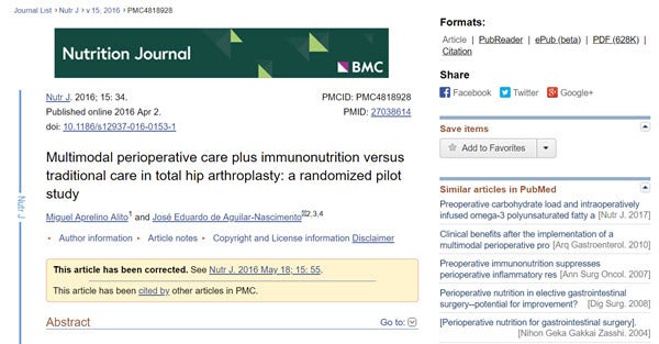 Multimodal perioperative care plus immunonutrition versus traditional care in total hip arthroplasty a randomized pilot study Nutrition Journal