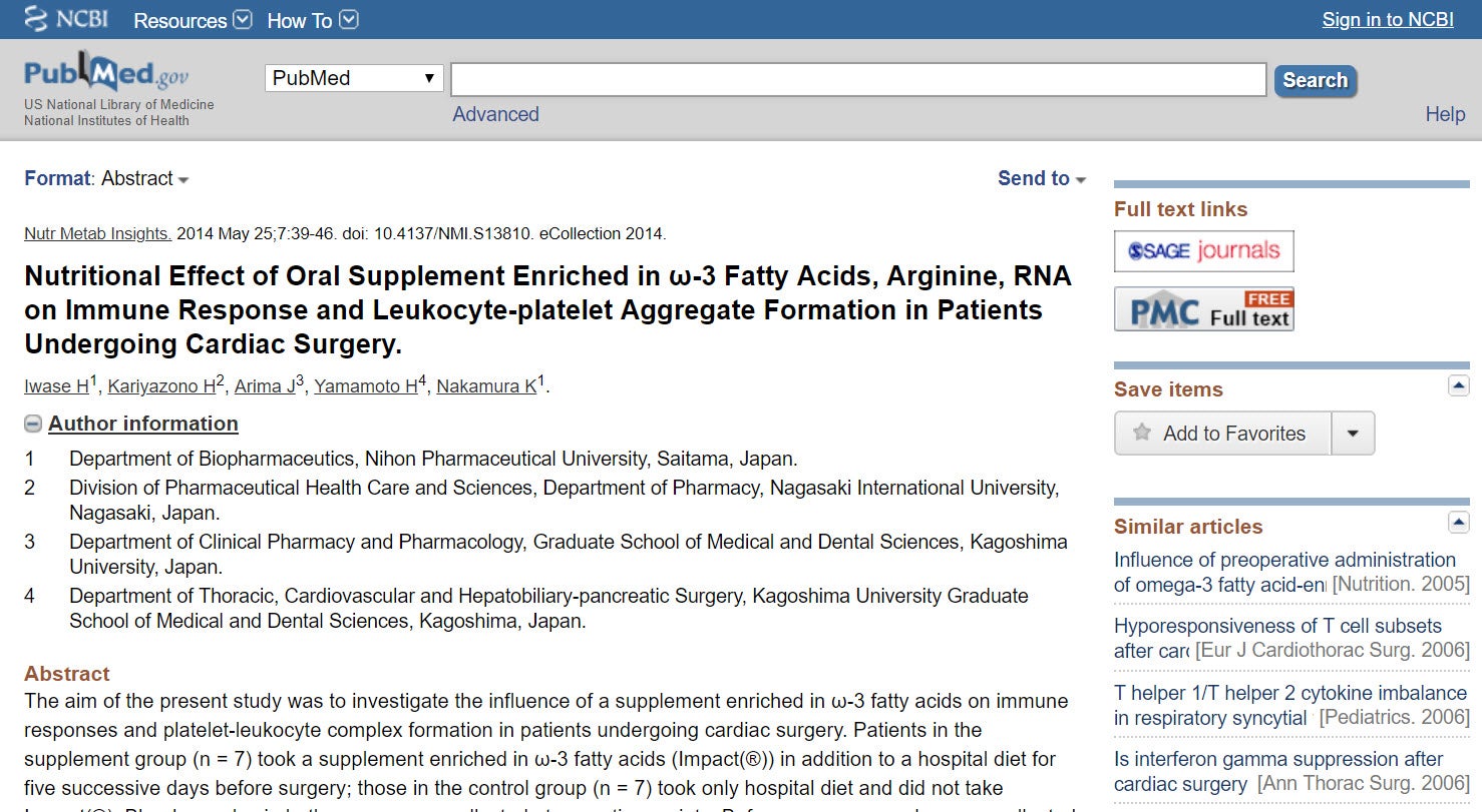 Nutritional Effect of Oral Supplement Enriched in ω‐3 Fatty Acids, Arginine, RNA on Immune Response and Leukocyte–platelet Aggregate Formation in Pa