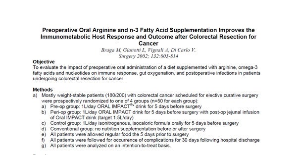 Preoperative Oral Arginine and n-3 Fatty Acid Supplementation Improves the Immunometabolic Host Response and Outcome after Colorectal Resection for Cancer