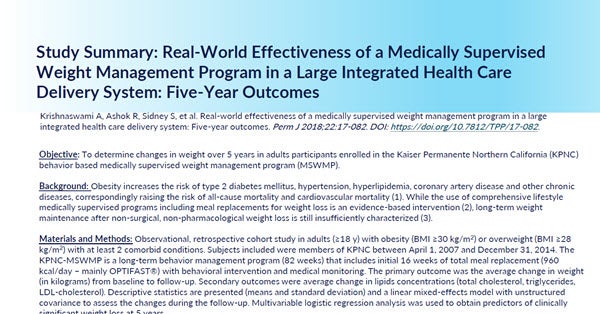 RealWorld Effectiveness of a Medically Supervised Weight Management Program in a Large Integrated Health Care Delivery System