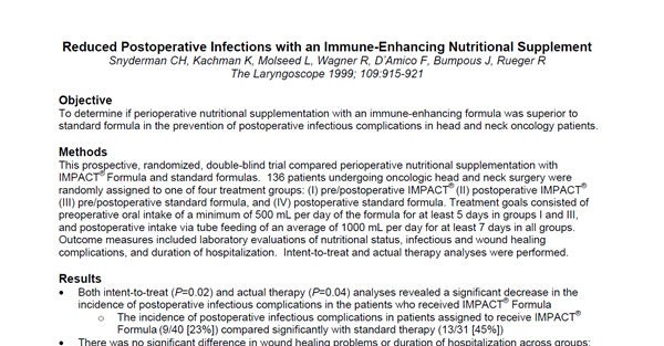 Reduced Postoperative Infections with an Immune-Enhancing Nutritional Supplement