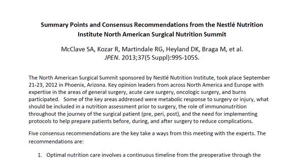 Summary Points and Consensus Recommendations from the Nestle Nutrition Institute North American Surgical Nutrition Summit
