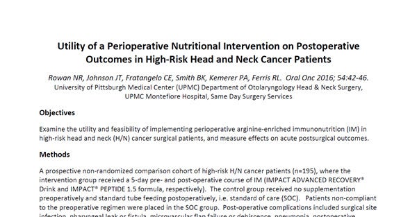 Utility of a Perioperative Nutritional Intervention on Postoperative Outcomes in High‐Risk Head and Neck Cancer Patients