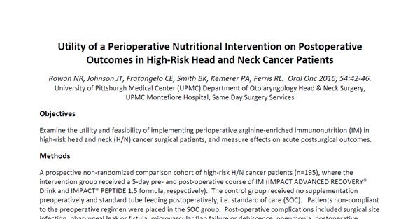 Utility of a Perioperative Nutritional Intervention on Postoperative Outcomes in High‐Risk Head and Neck Cancer Patients Utility of a Perioperative Nutritional Intervention on Postoperative Outcomes in High‐Risk Head and Neck Cancer Patients