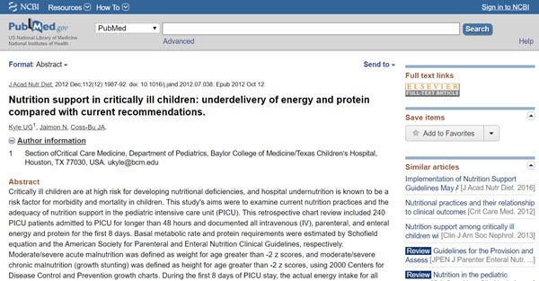 Nutrition support in critically ill children underdelivery of energy and protein compared with current recommendations