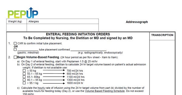 PEP UP Enteral Feeding Initiation Orders