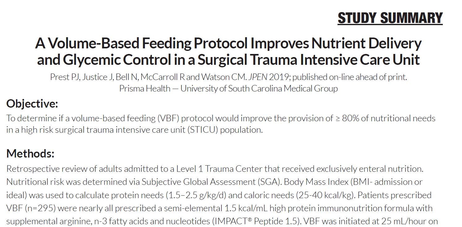 Study Summary. Prest et al. JPEN 2020. STICU VBF