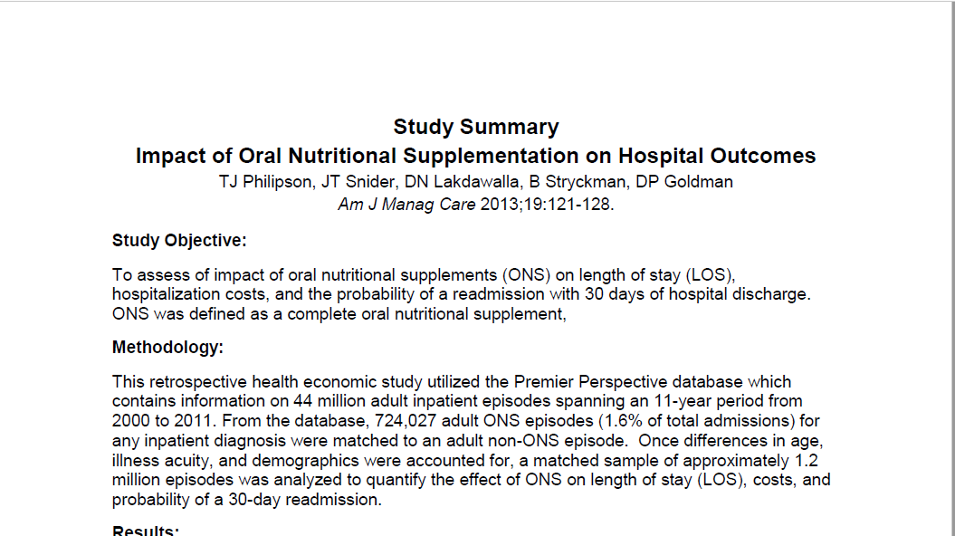 Impact of Oral Nutritional Supplementation on Hospital Outcomes