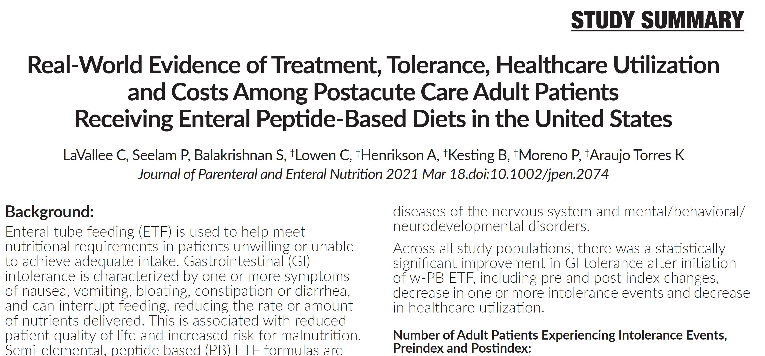 Real-World Evidence of Treatment, Tolerance, Healthcare Utilization and Costs Among Postacute Care Adult Patients Receiving Enteral Peptide-Based Diets in the United States