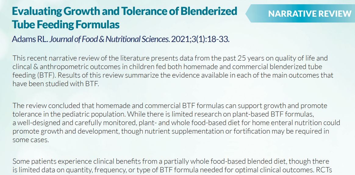 Adams: Evaluating Growth and Tolerance of Blenderized Tube Feeding Formulas