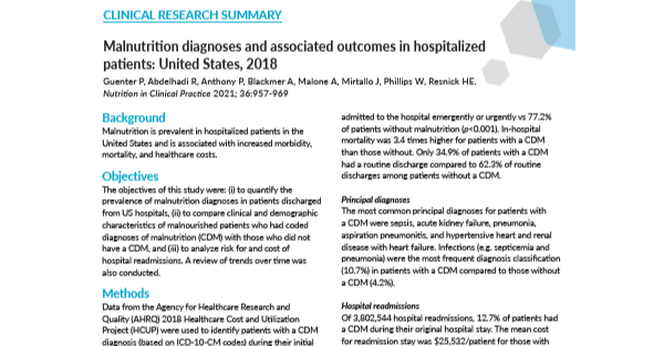 Malnutrition Diagnoses and Outcomes in Hospitalized Patients, US 2018 (Study Summary)