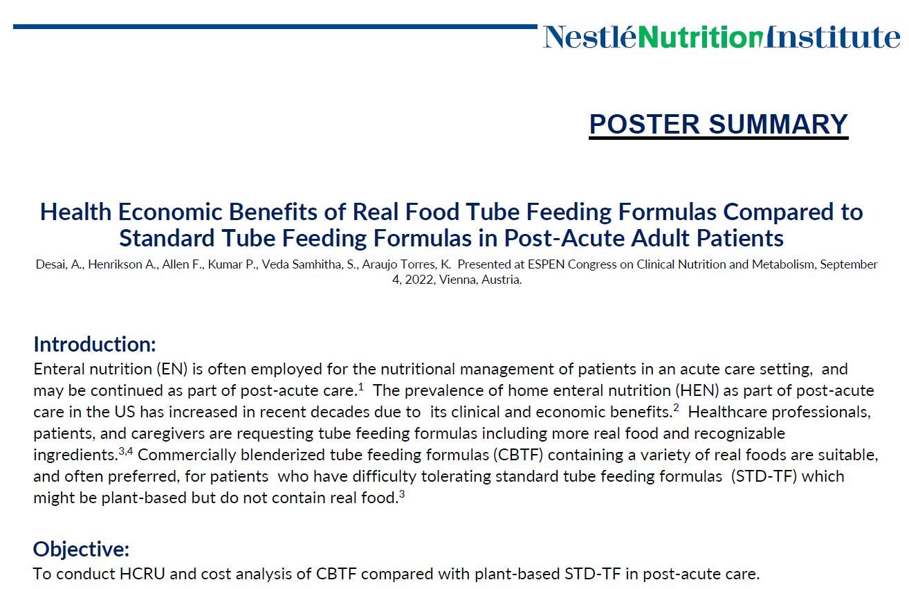 Study Summary: Health Economic Benefits of Real Food Tube Feeding vs Standard TF