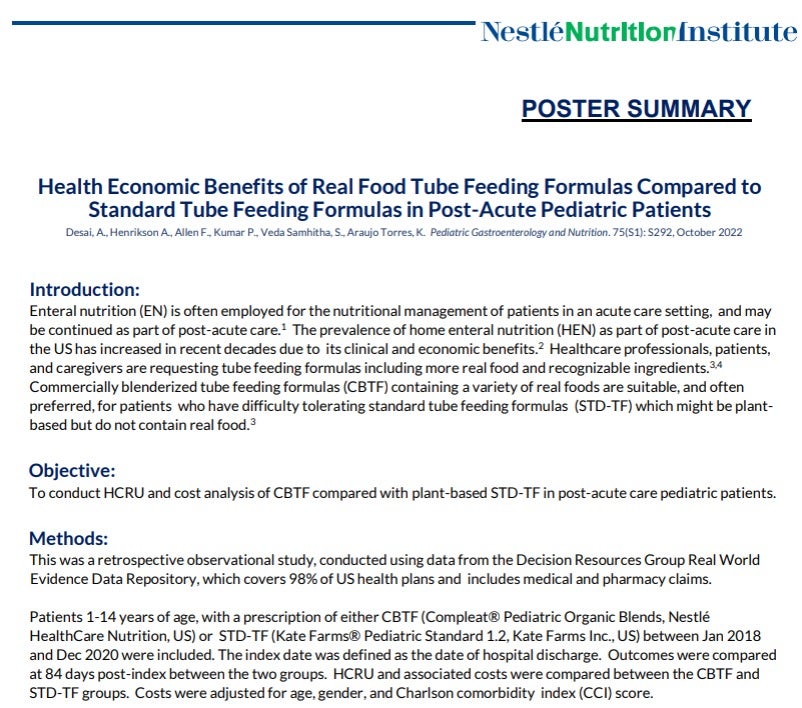Health Economic Benefits of Real Food Tube Feeding Formulas Compared to Standard Tube Feeding Formulas