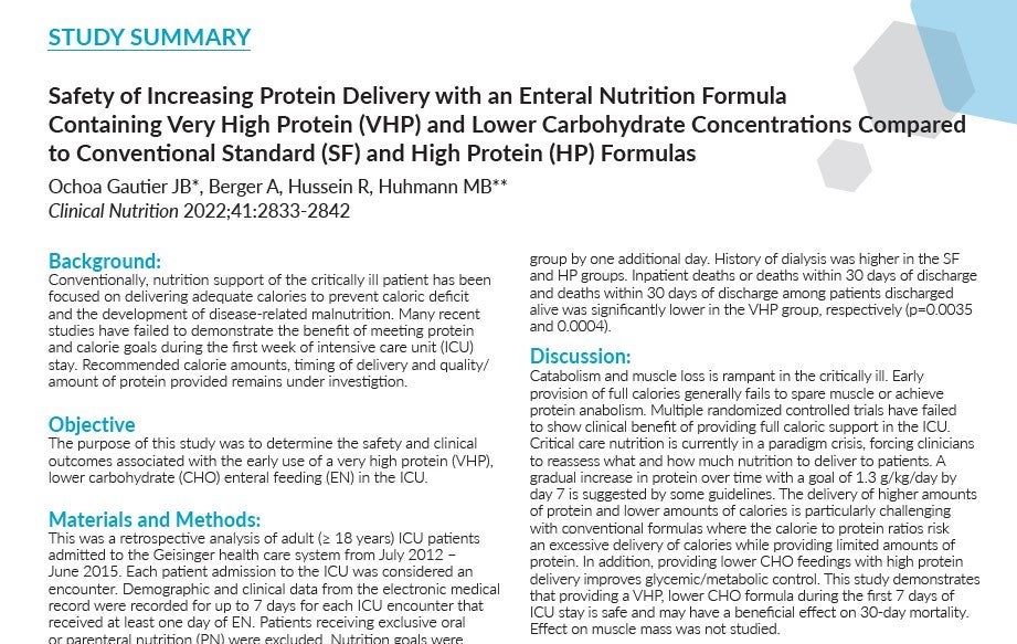 Study Summary: Safety of Increasing Protein Delivery with an Enteral Nutrition Formula 