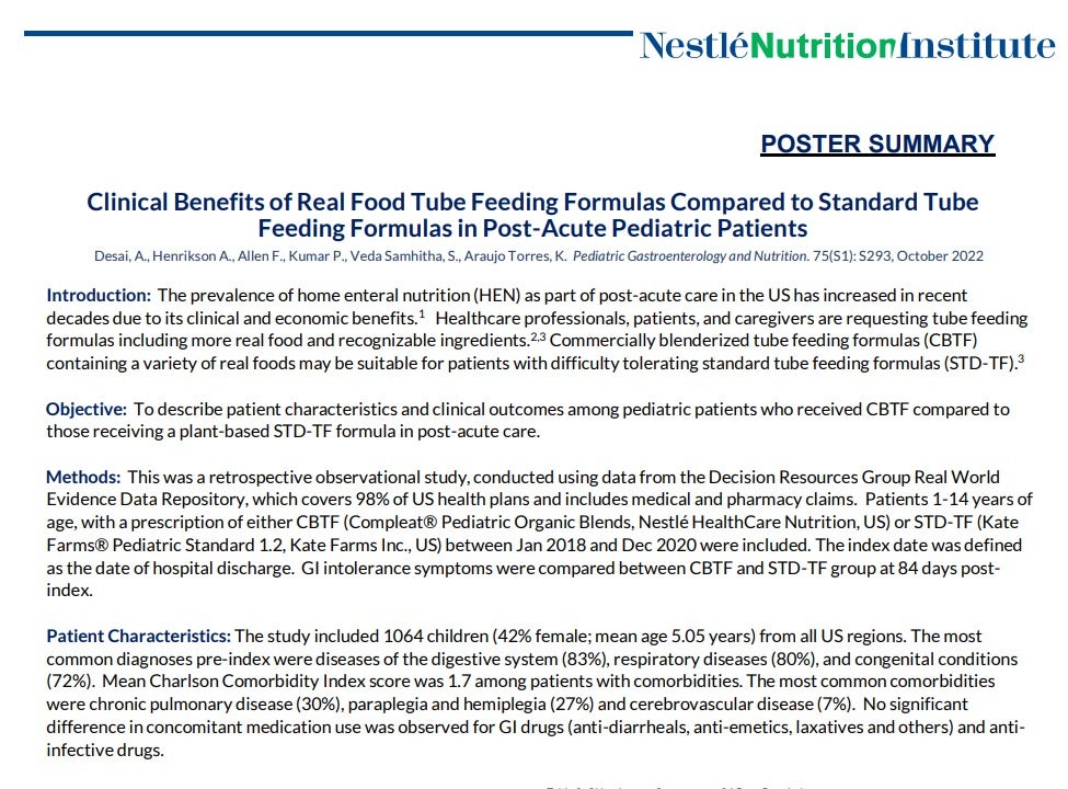 Study Summary: Clinical Benefits of Real Food Tube Feeding Formulas Compared to Standard Tube Feeding Formulas in Post-Acute 