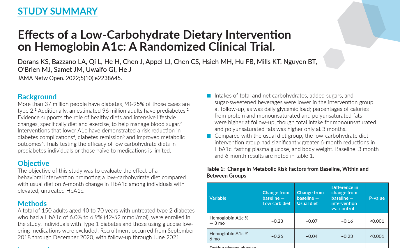 Study Summary: Effects of a Low-Carbohydrate Dietary Intervention on Hemoglobin A1c: A Randomized Clinical Trial