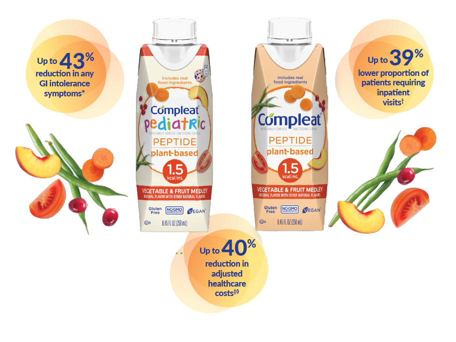 Compleat Pediatric Peptide 1.5 and Compleat Peptide 1.5 product packaging with fruit and vegetable ingredients