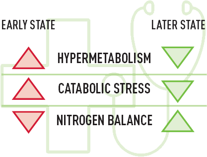 Clinical improvement diagram comparing early state versus later state for hypermetabolism, catabolic stress, and nitrogen balance — all three markers improved over the PICU course
