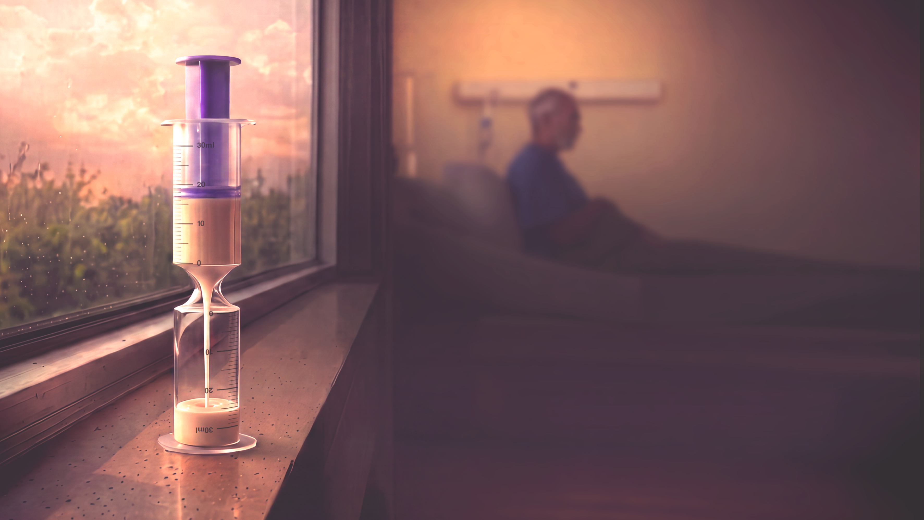 Clinician in a patient room, with a Peptamen syringe feed in the foreground