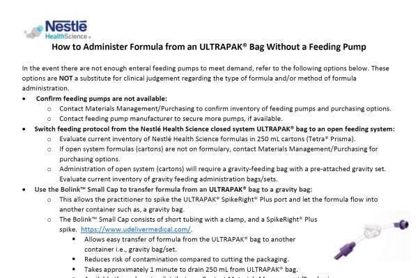 Administering ULTRAPAK Formula Without a Feeding Pump
