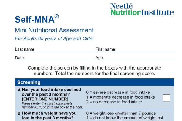 Self-MNA® Nutrition Screening Tool for Self Completion by Patients and Caregivers