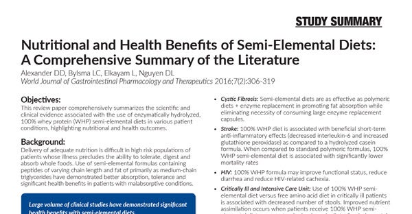 Nutrition and Health Benefits of Semi-Elemental Diets: A Comprehensive Review of the Literature by Alexander, et al.