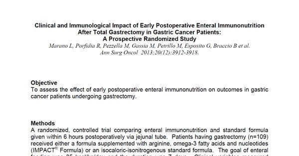 Clinical and Immunological Impact of Early Postoperative Enteral Immunonutrition After Total Gastrectomy in Gastric Cancer Patients Clinical and Immunological Impact of Early Postoperative Enteral Immunonutrition After Total Gastrectomy in Gastric Cancer Patients