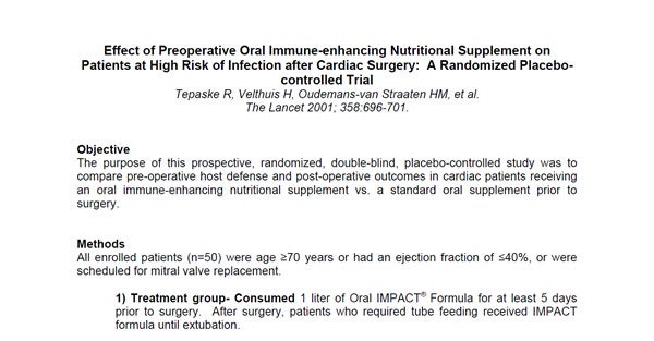 Effect of Preoperative Oral Immune-enhancing Nutritional Supplement on Patients at High Risk of Infection after Cardiac Surgery Effect of Preoperative Oral Immune-enhancing Nutritional Supplement on Patients at High Risk of Infection after Cardiac Surgery