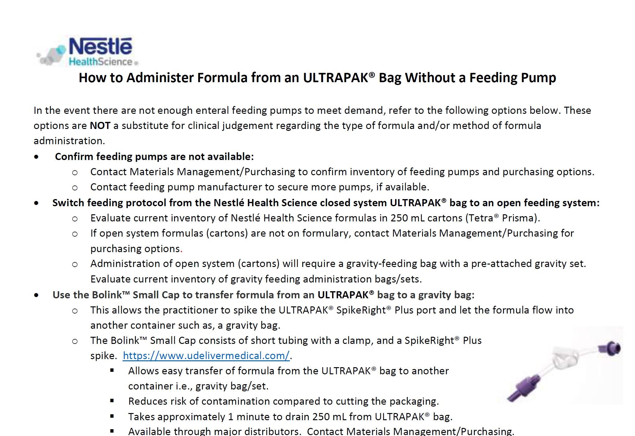 Instructions for administering an ULTRAPAK Formula without a feeding pump