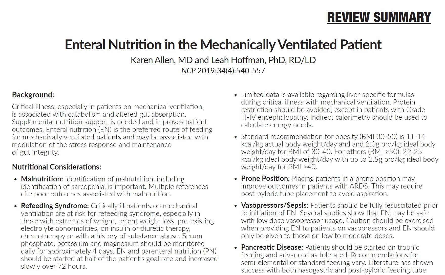 Enteral Nutrition in the Mechanically Ventilated Patient Allen Review Paper
