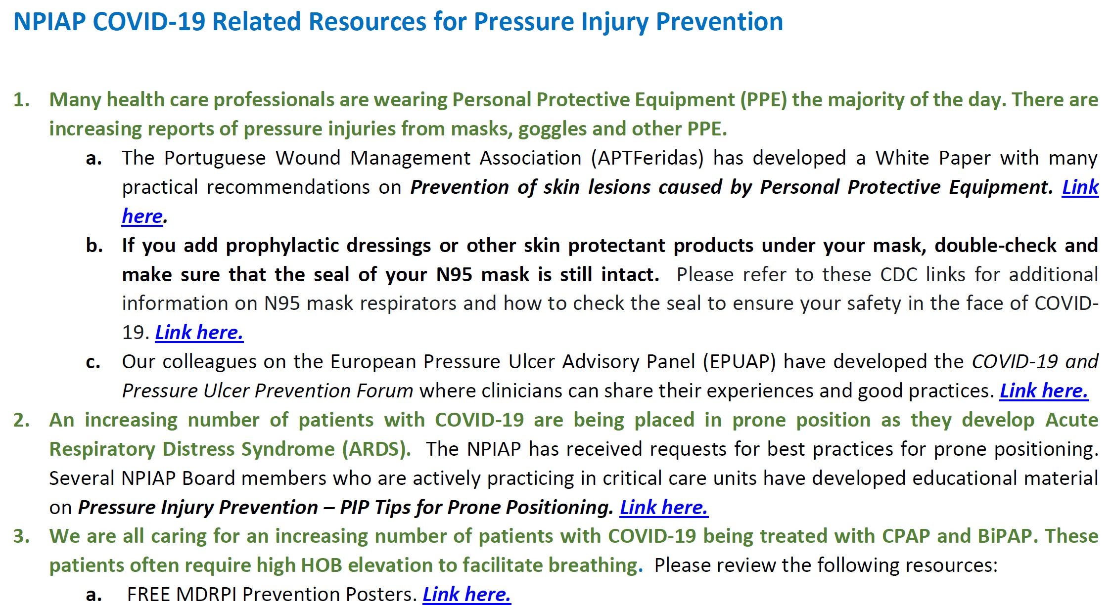 NPIAP COVID-19 Related Resources for Pressure Injury Prevention