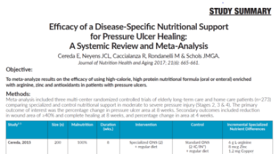 Efficacy of a Disease-Specific Nutritional Support for Pressure Ulcer Healing: A Systemic Review and Meta-Analysis (Study Summary) Efficacy of a Disease-Specific Nutritional Support for Pressure Ulcer Healing: A Systemic Review and Meta-Analysis (Study Summary)